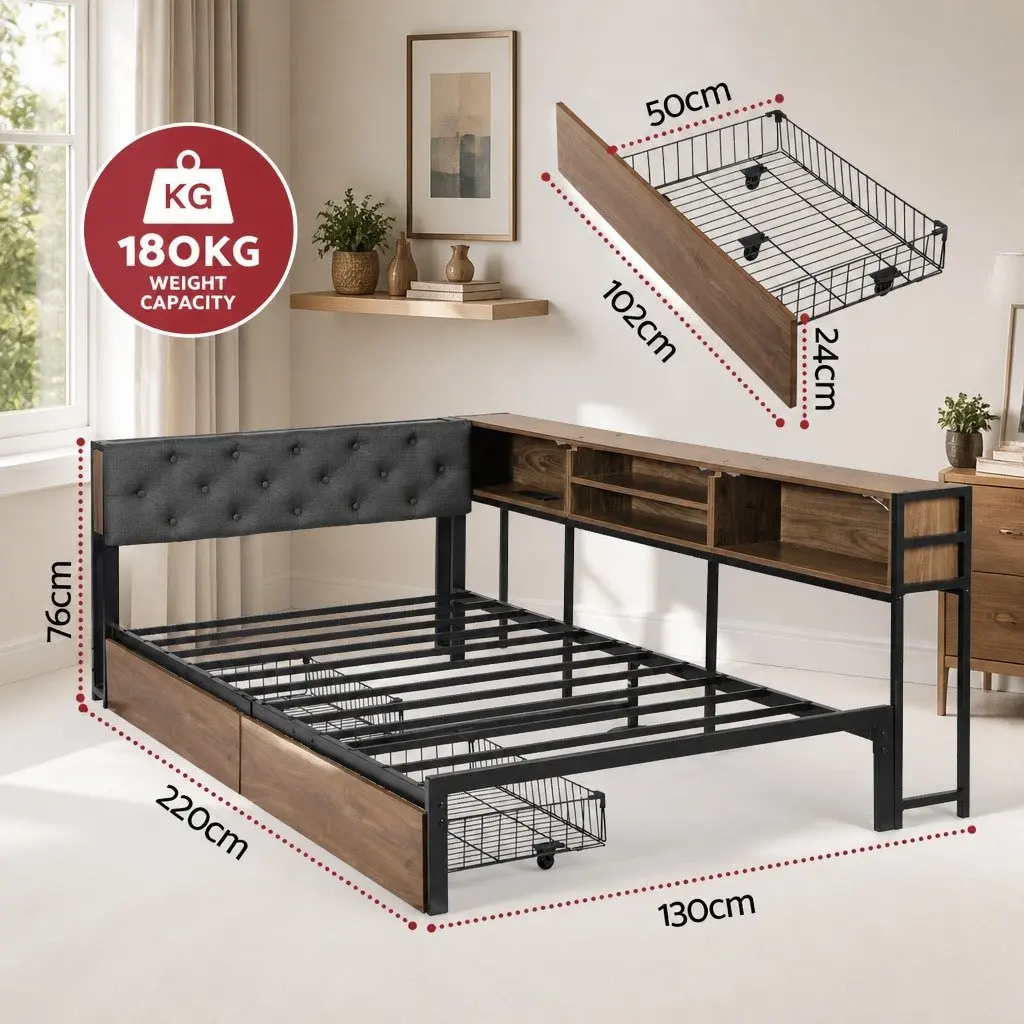 King Single Bed Frame Metal Construction Storage Drawers Charging Station