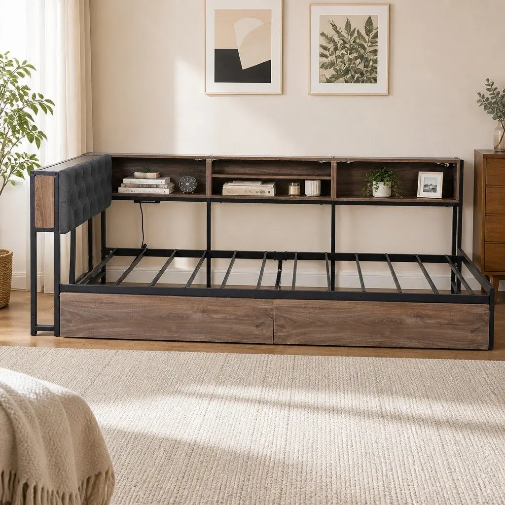 King Single Bed Frame Metal Construction Storage Drawers Charging Station