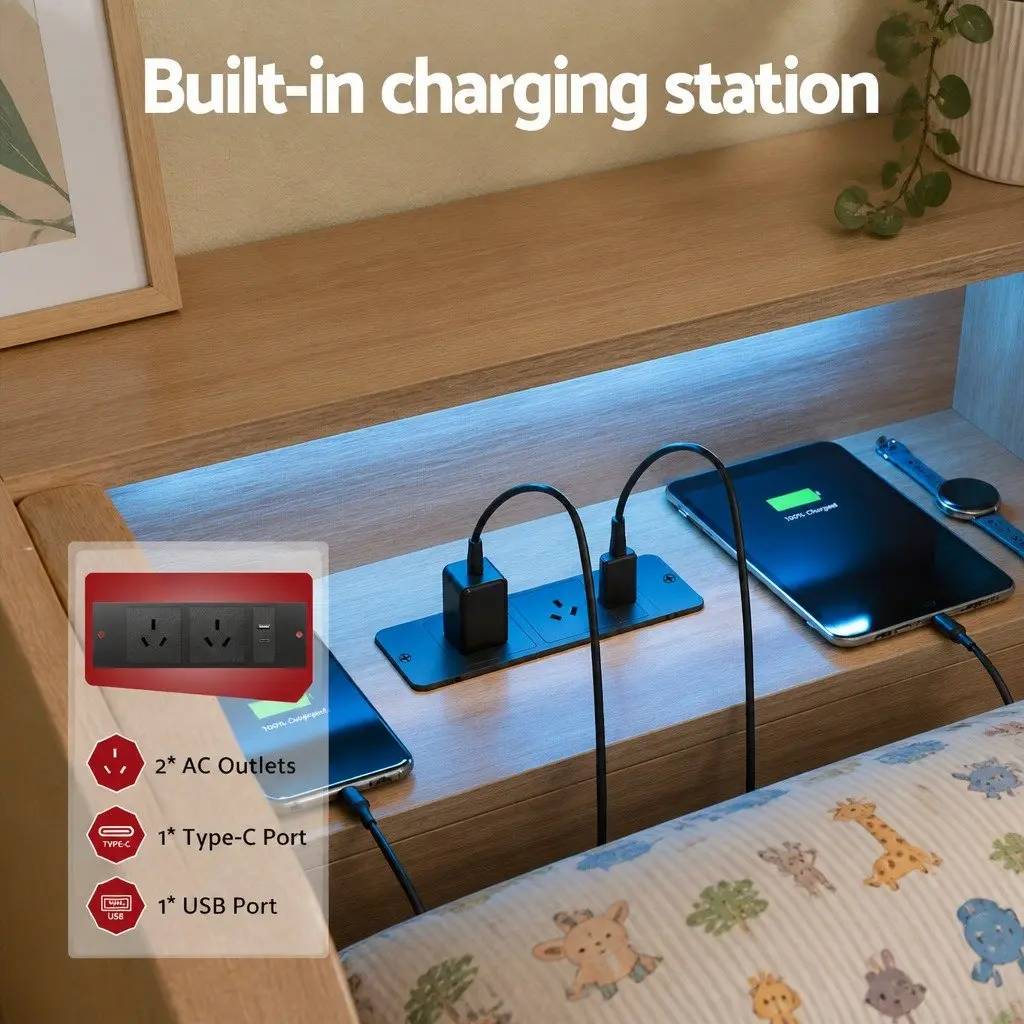 King Single Bed Frame Metal Construction Storage Drawers Charging Station