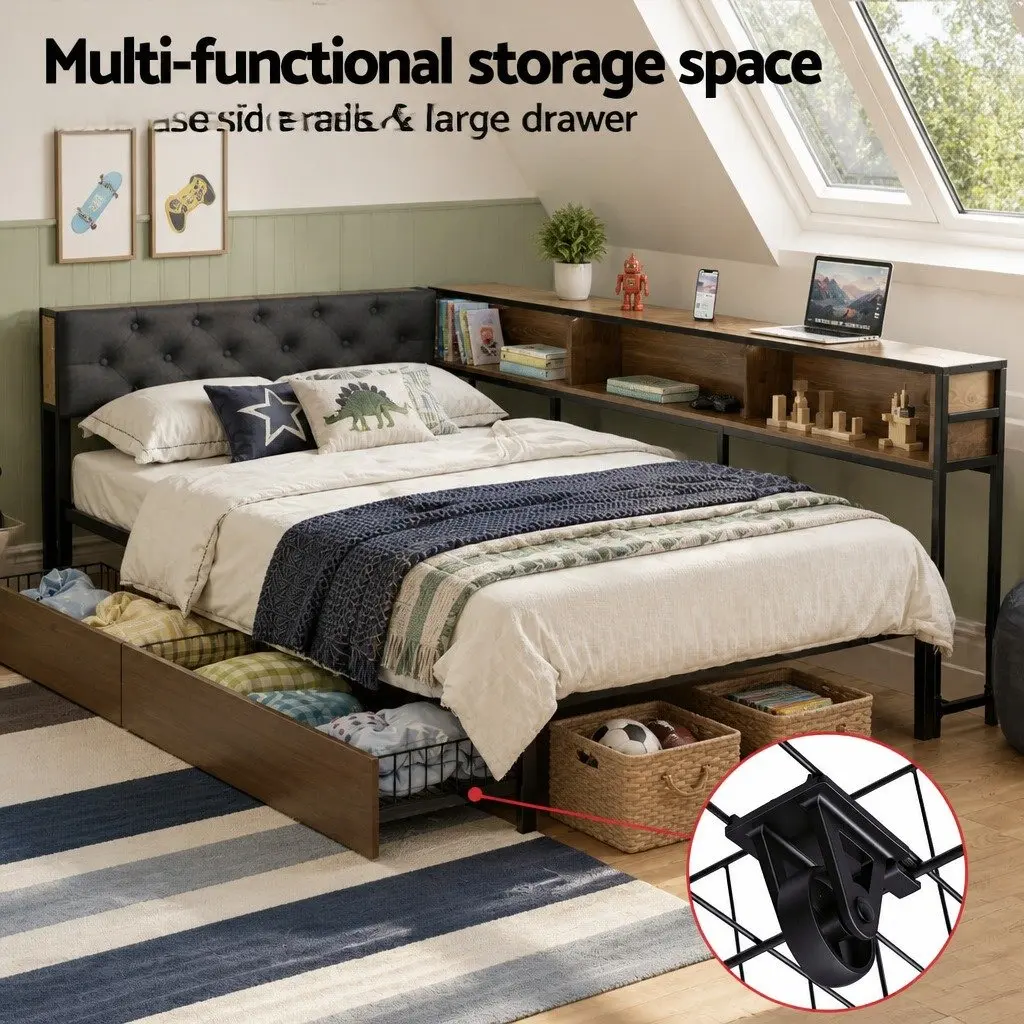King Single Bed Frame Metal Construction Storage Drawers Charging Station