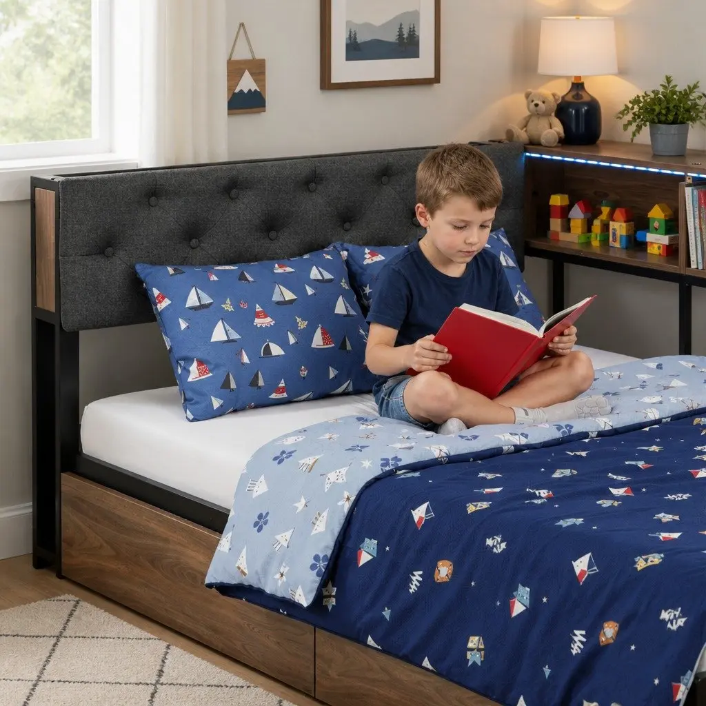 King Single Bed Frame Metal Construction Storage Drawers Charging Station