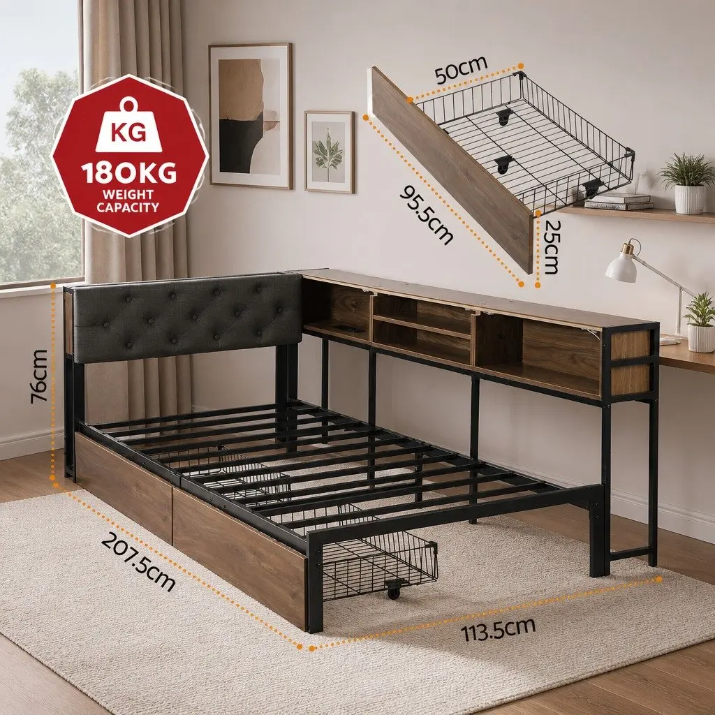 Single Bed Frame with Storage Drawers and Charging Station