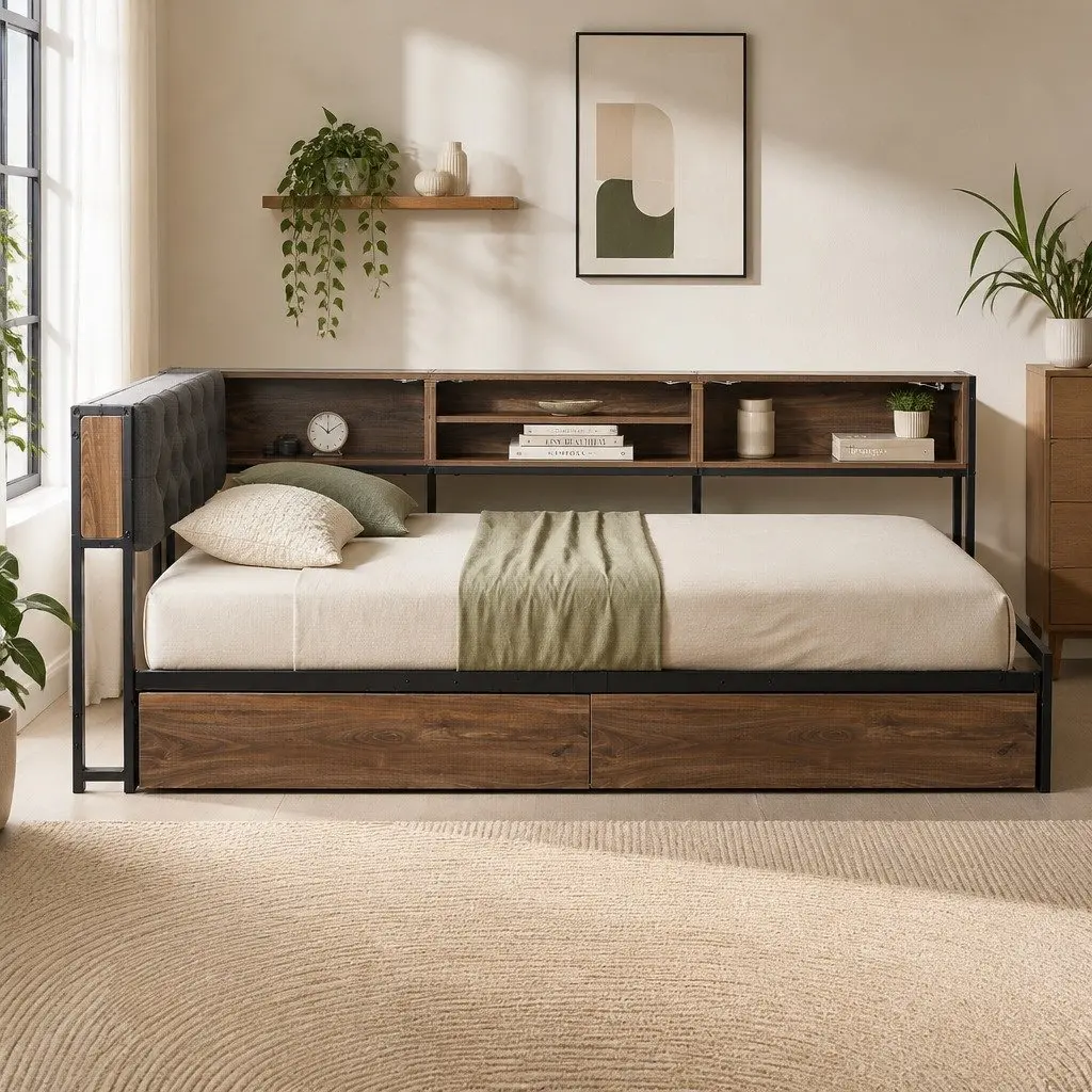Single Bed Frame with Storage Drawers and Charging Station
