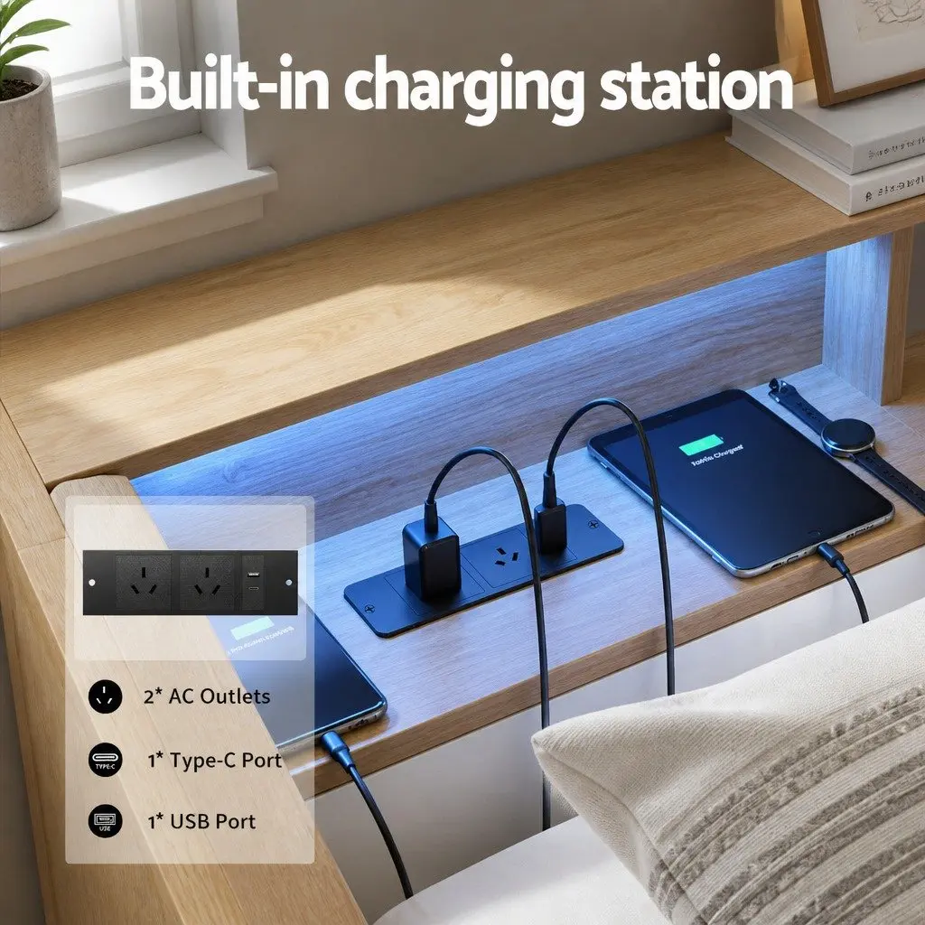 Single Bed Frame with Storage Drawers and Charging Station