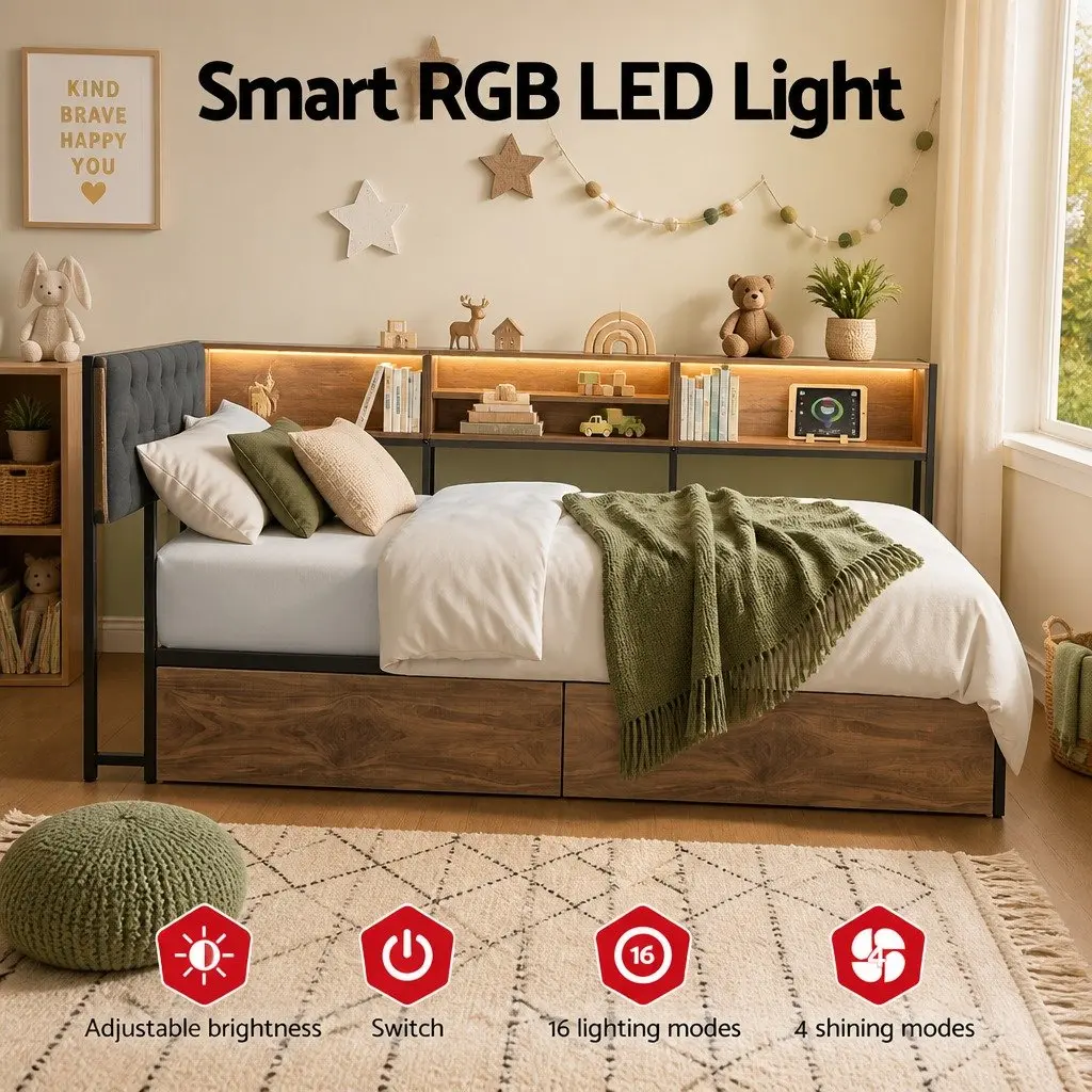 Single Bed Frame with Storage Drawers and Charging Station
