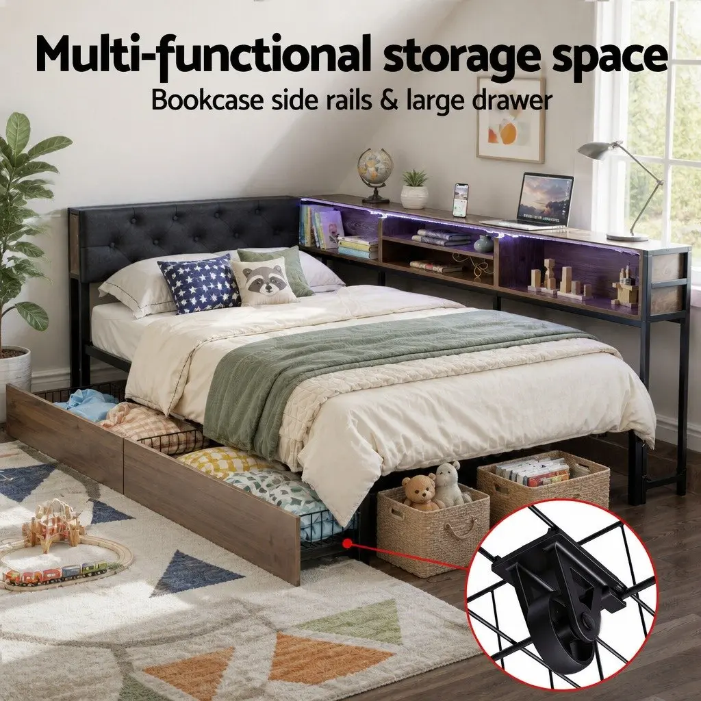 Single Bed Frame with Storage Drawers and Charging Station