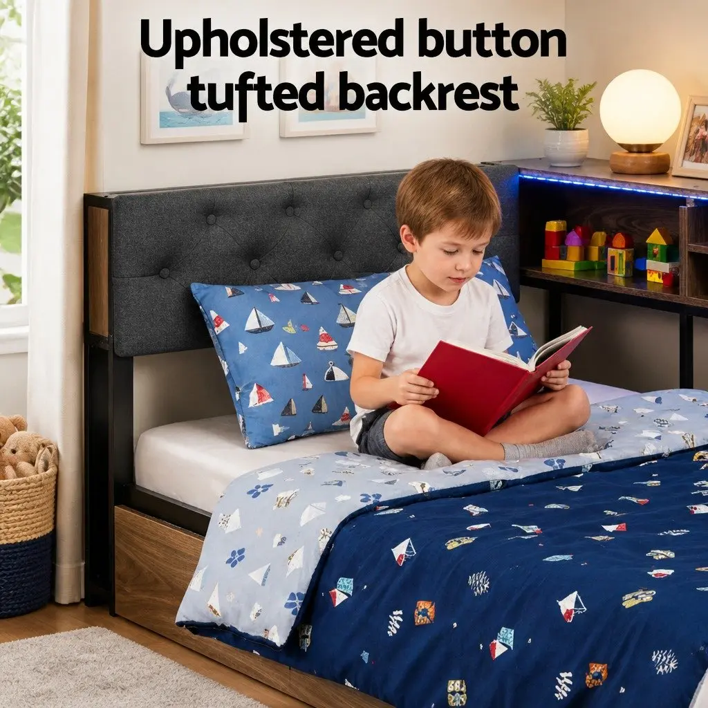 Single Bed Frame with Storage Drawers and Charging Station