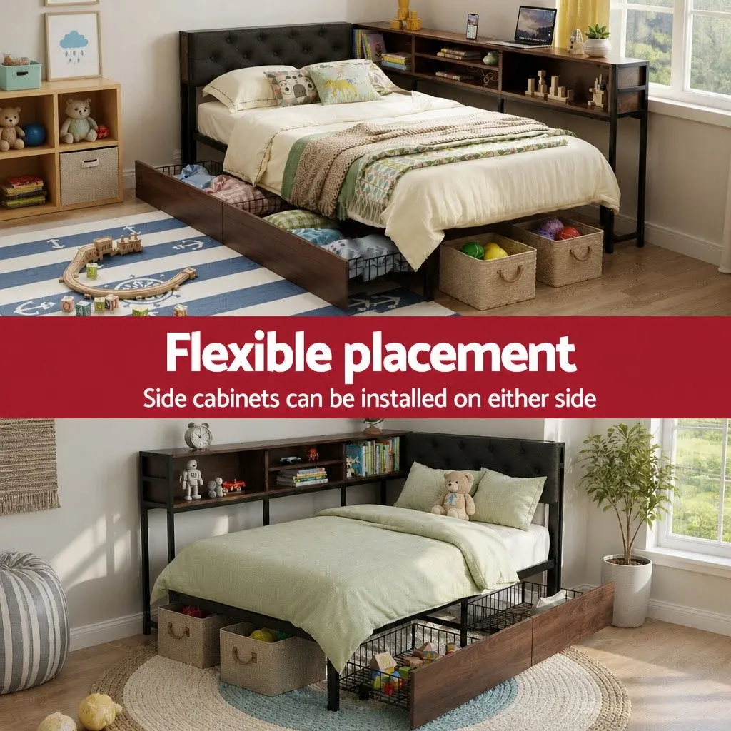 Single Bed Frame with Storage Drawers and Charging Station