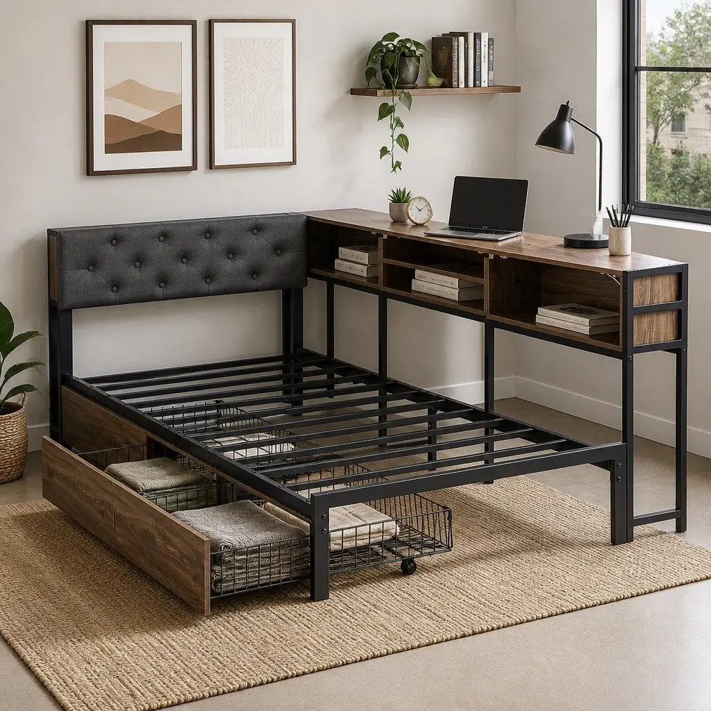 Single Bed Frame with Storage Drawers and Charging Station