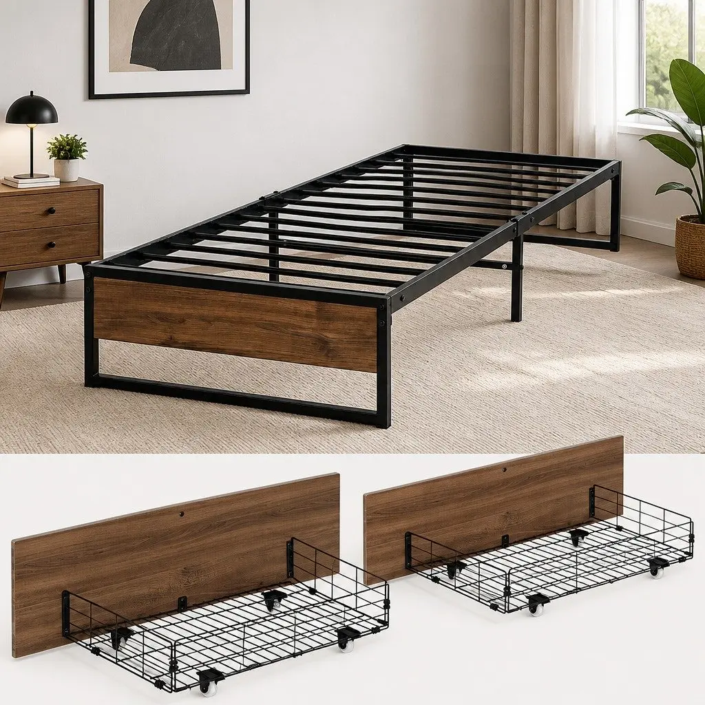 King Single Metal Bed Frame with 2 Storage Drawers Industrial Design Bedroom