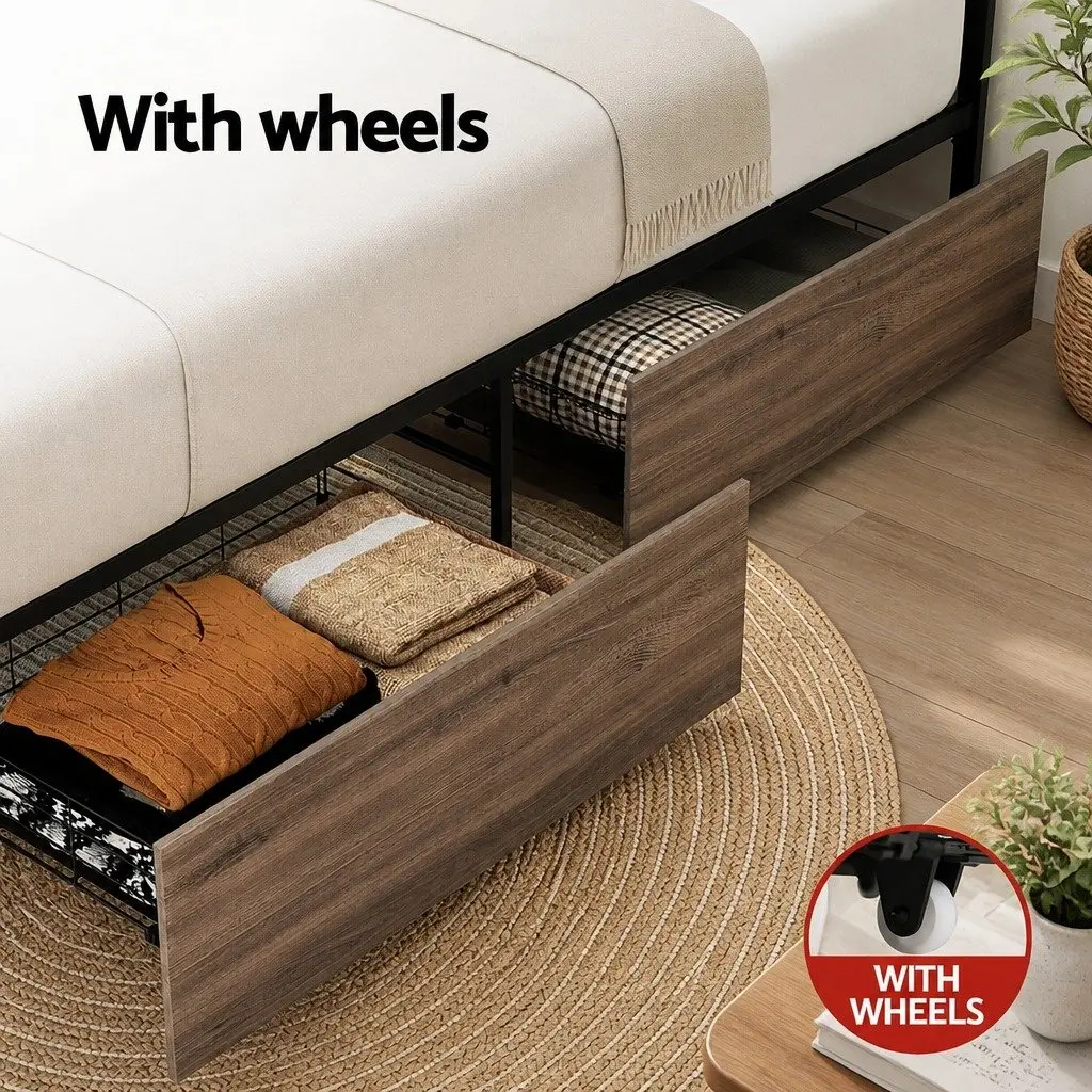 King Single Metal Bed Frame with 2 Storage Drawers Industrial Design Bedroom