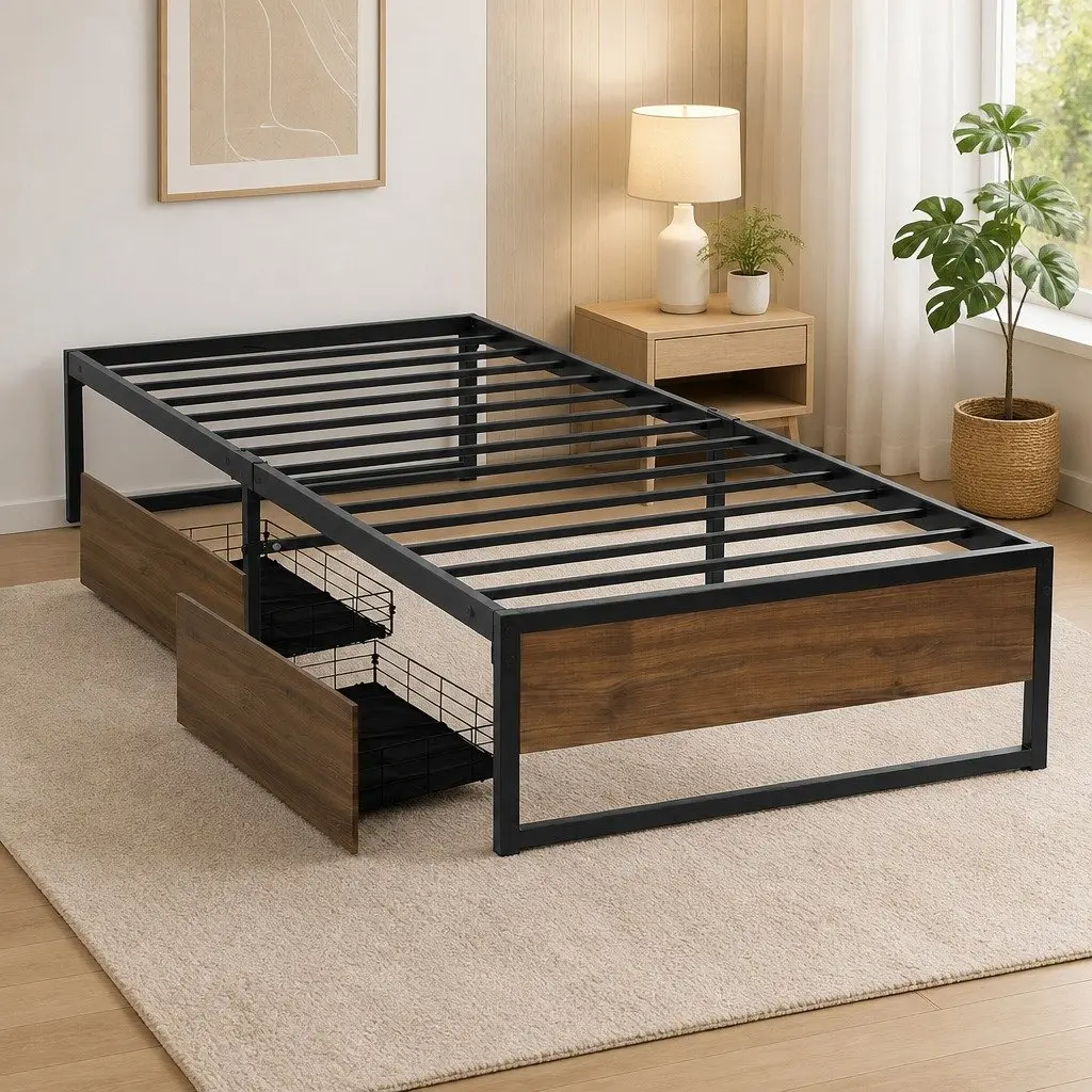 King Single Metal Bed Frame with 2 Storage Drawers Industrial Design Bedroom