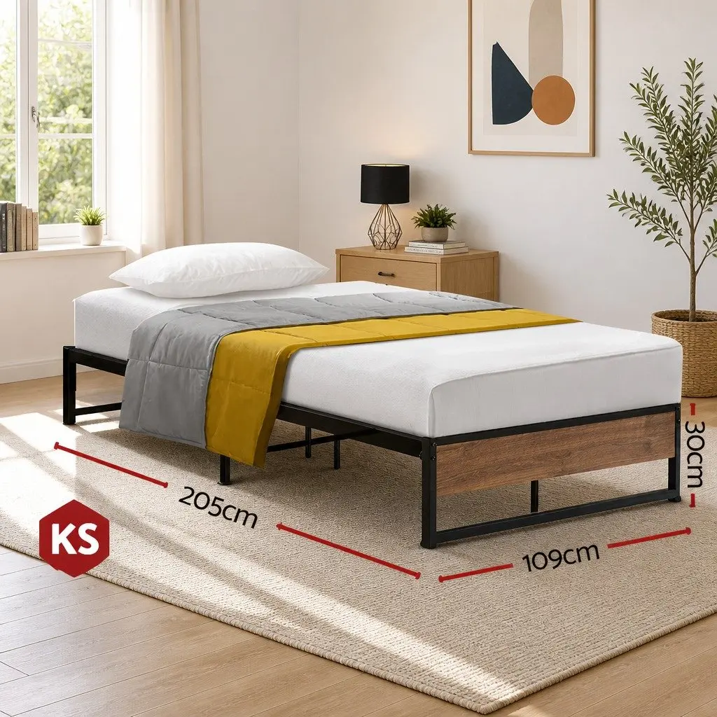 Metal Bed Frame King Single Industrial Design Steel MDF Black Bedroom Furniture