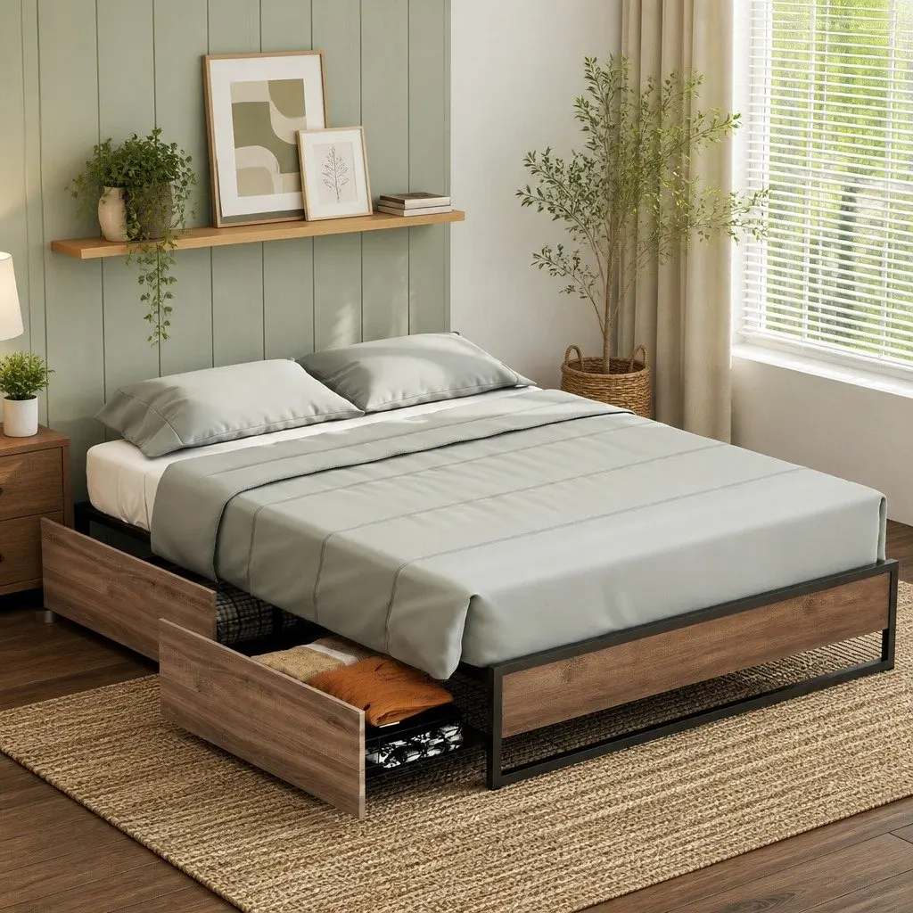Queen Size Bed Frame with Two Storage Drawers