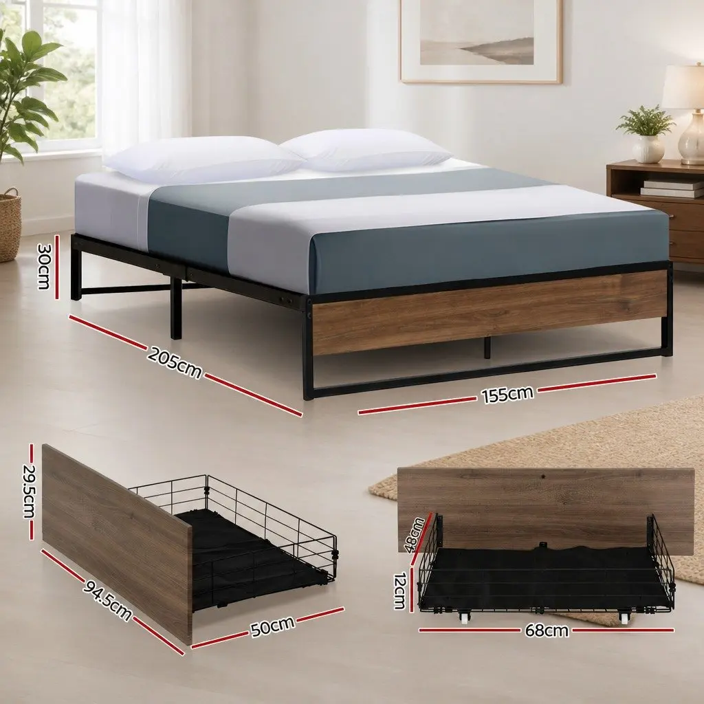 Queen Size Bed Frame with Two Storage Drawers