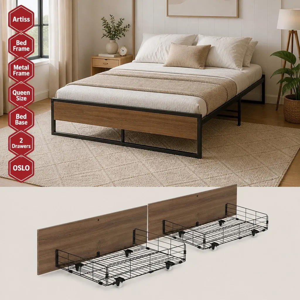 Queen Size Bed Frame with Two Storage Drawers