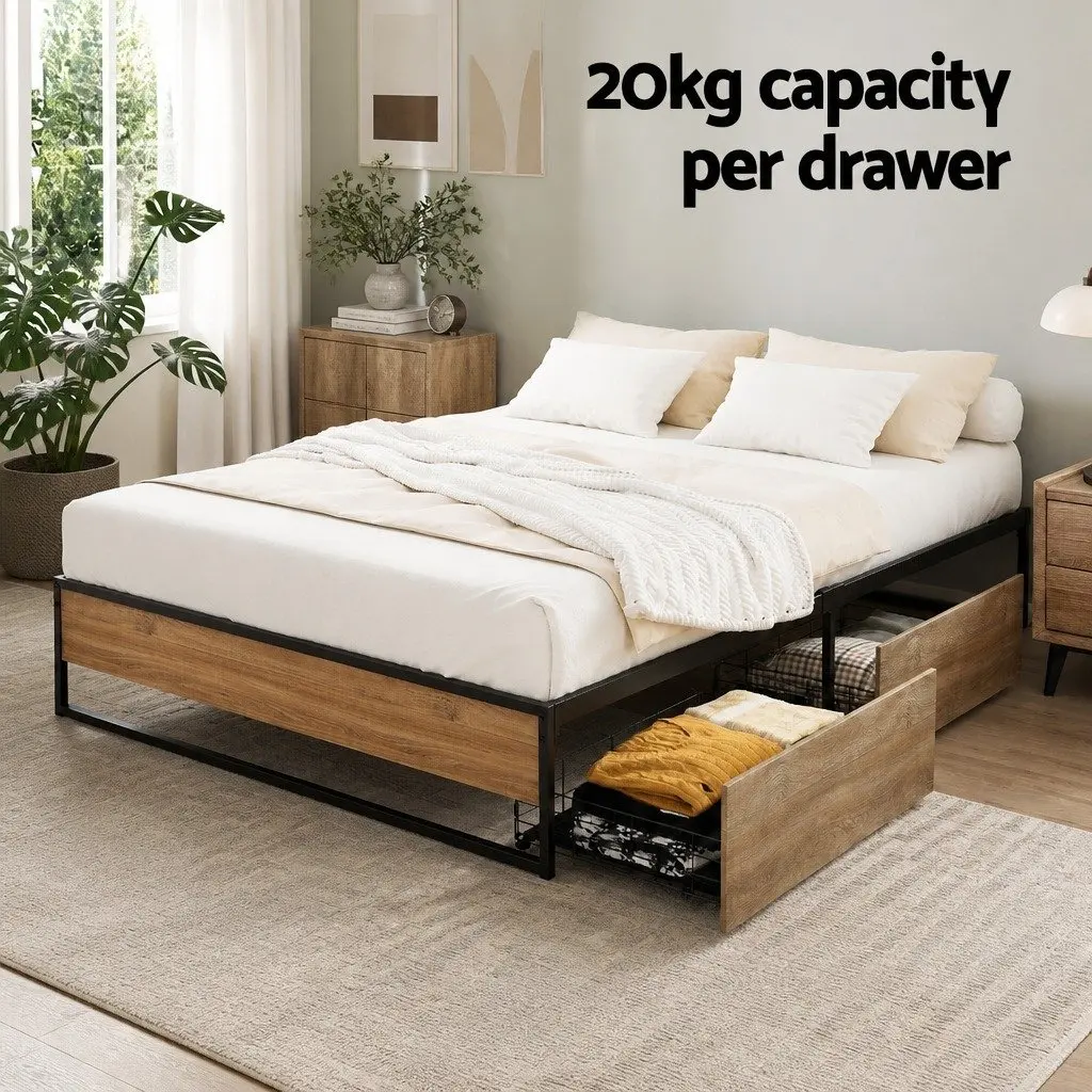 Queen Size Bed Frame with Two Storage Drawers