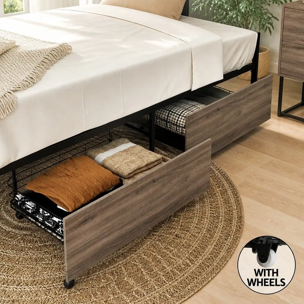 Queen Size Bed Frame with Two Storage Drawers