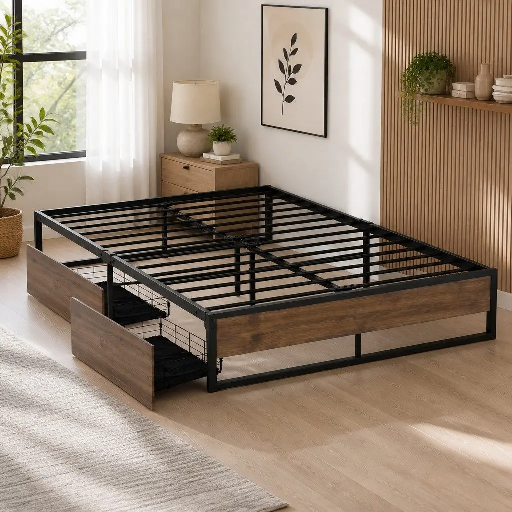 Queen Size Bed Frame with Two Storage Drawers