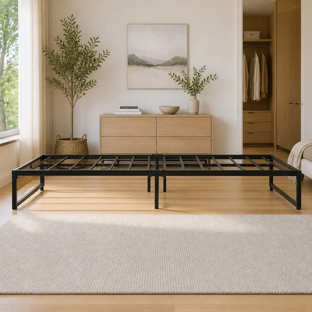 Queen Metal Bed Frame Industrial Design Steel MDF Black Bedroom Furniture Base