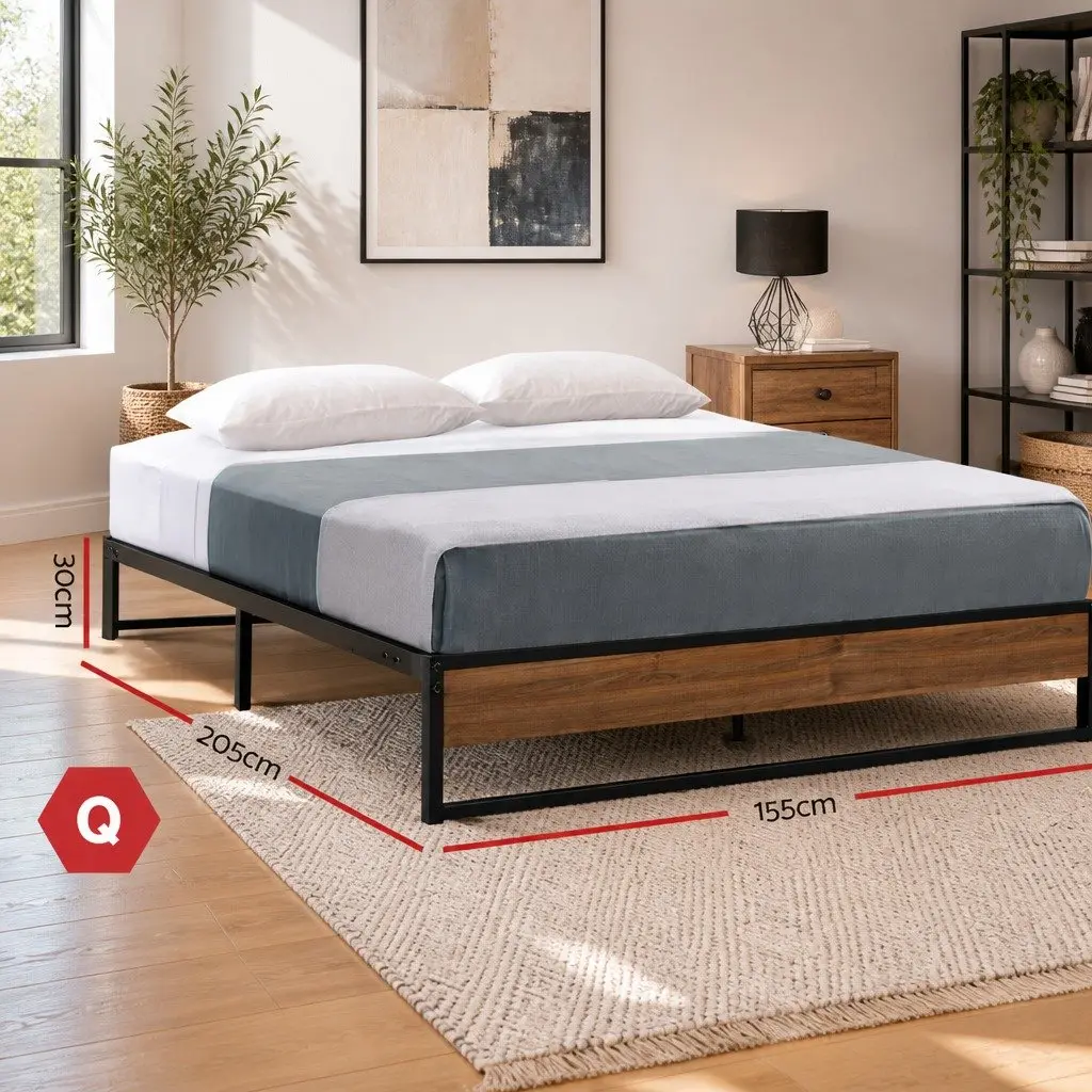 Queen Metal Bed Frame Industrial Design Steel MDF Black Bedroom Furniture Base