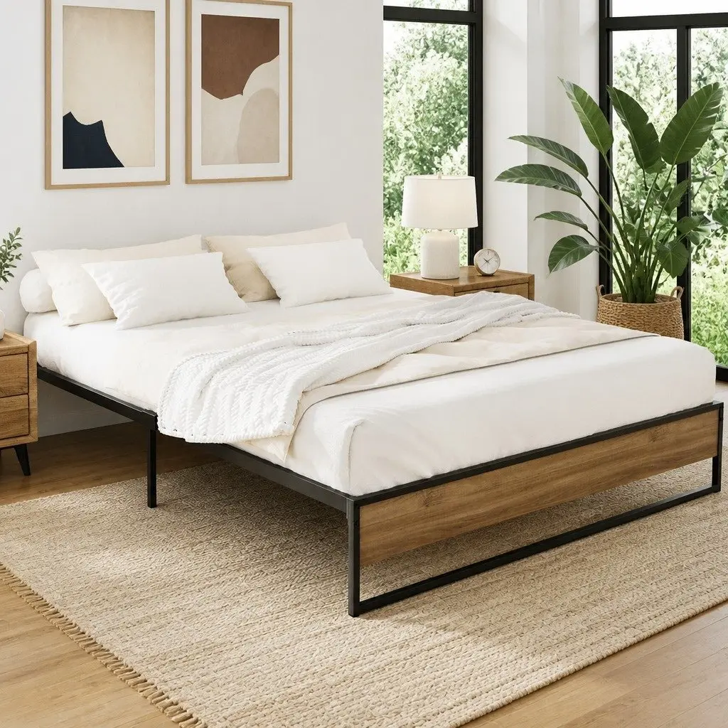 Queen Metal Bed Frame Industrial Design Steel MDF Black Bedroom Furniture Base