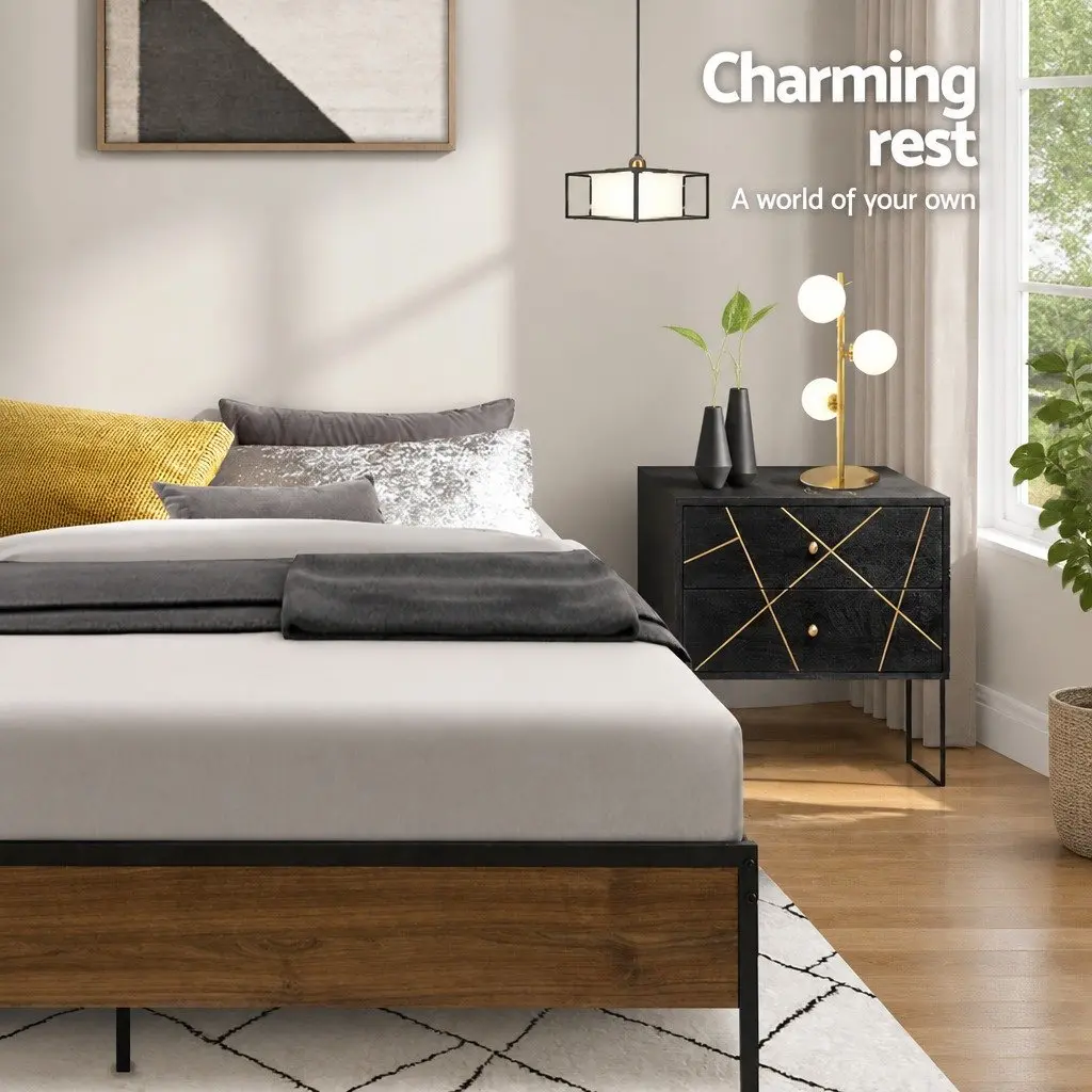Queen Metal Bed Frame Industrial Design Steel MDF Black Bedroom Furniture Base