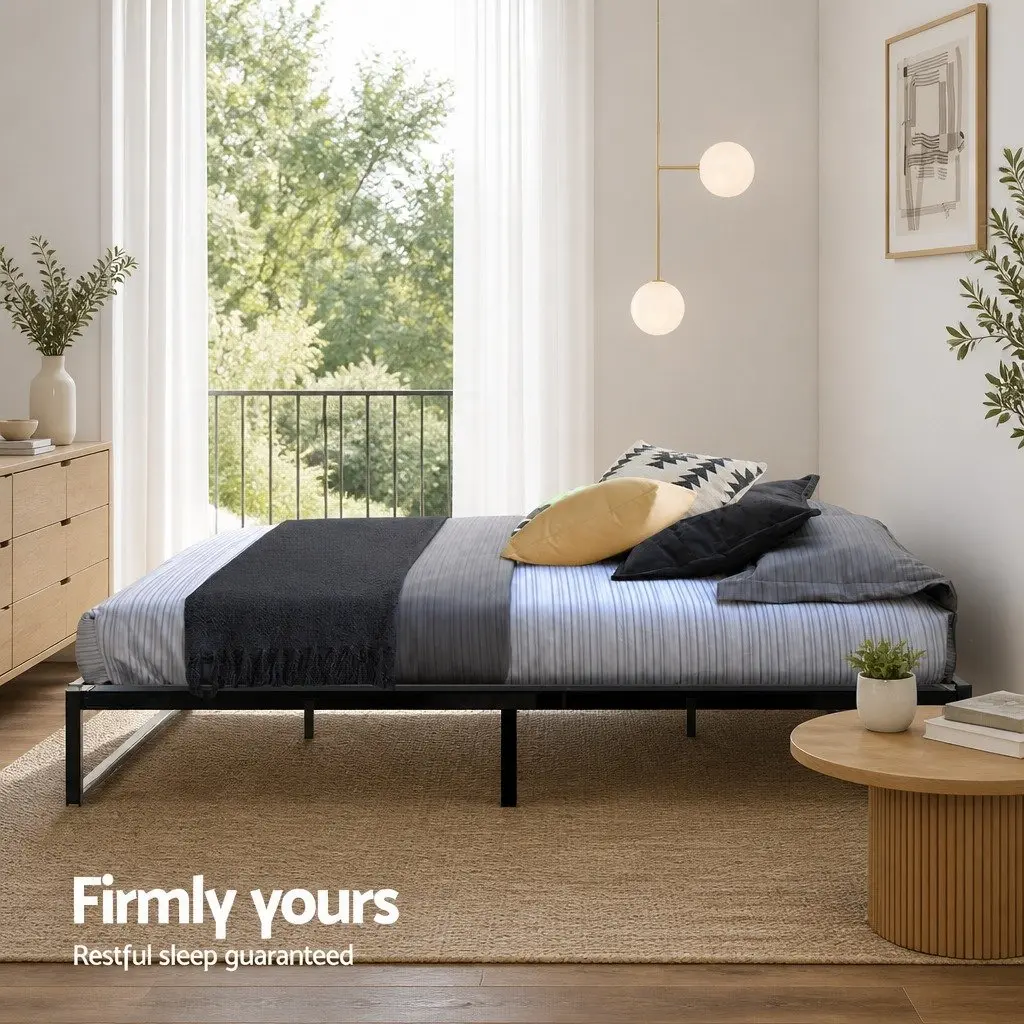 Queen Metal Bed Frame Industrial Design Steel MDF Black Bedroom Furniture Base