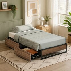 Robust Single Bed Frame with Convenient Storage Drawers