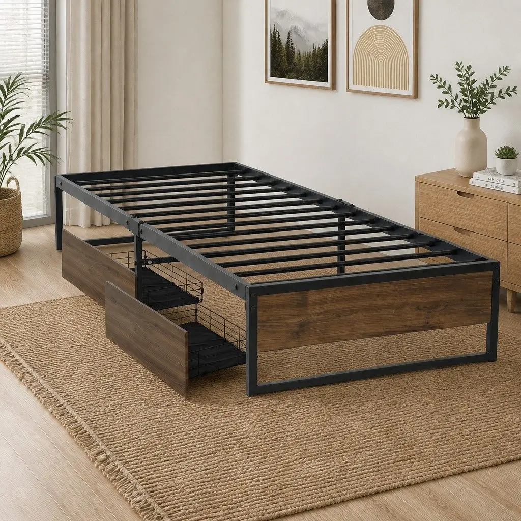 Single Bed Frame with 2 Storage Drawers Metal Base Industrial Design Furniture