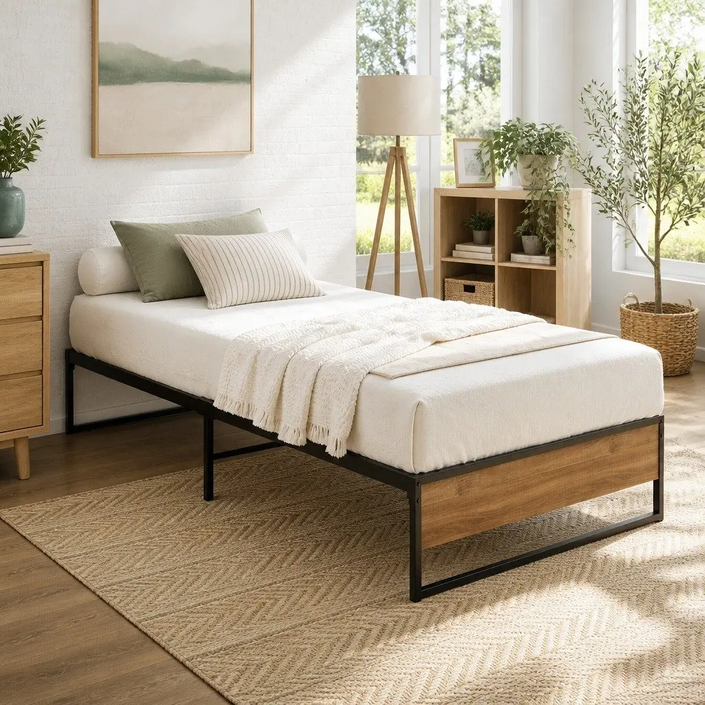 Single Metal Bed Frame Industrial Design Steel MDF Black Bedroom Furniture Base