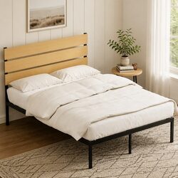 Elegant Double Bed Frame with Black Metal Base