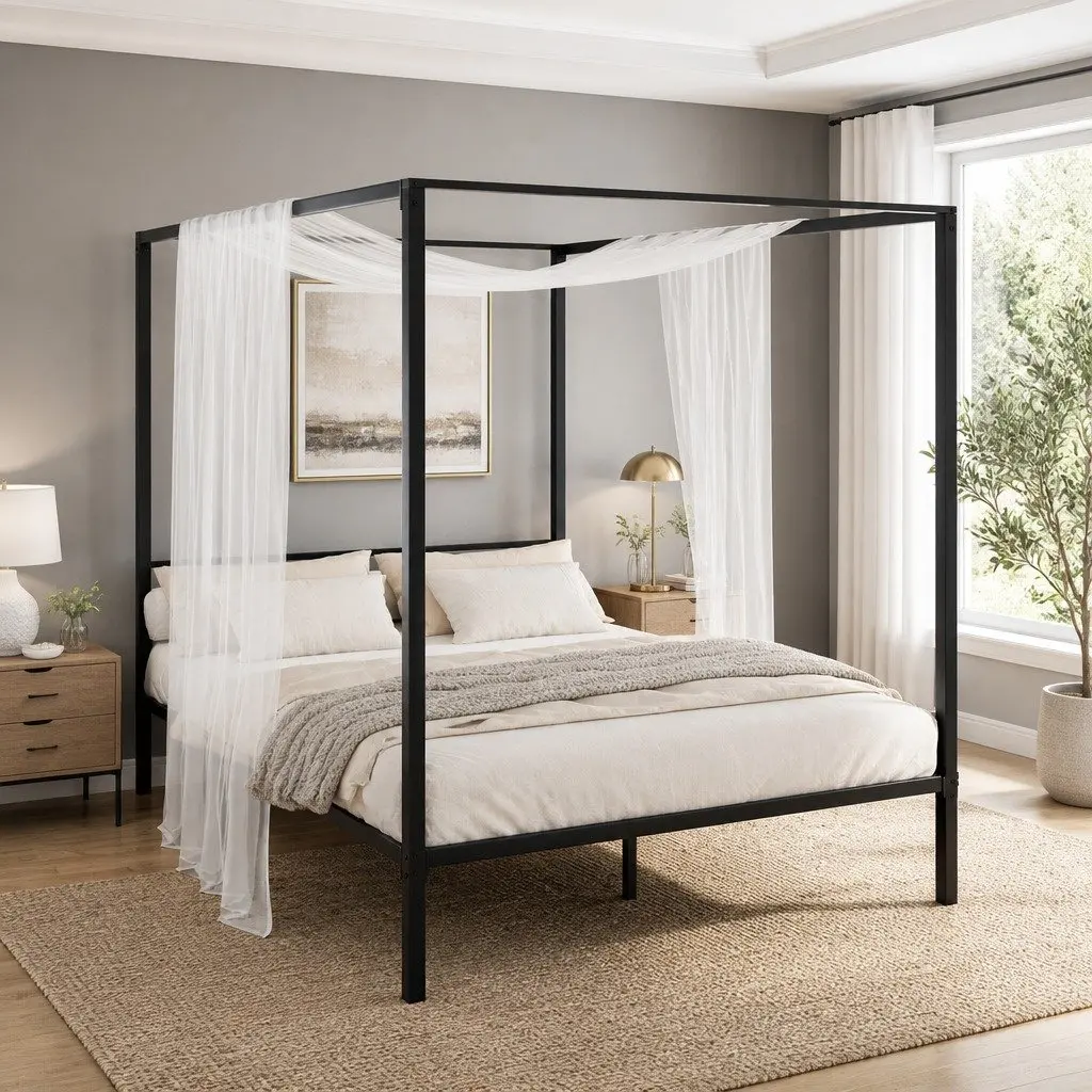 Black Steel Queen Bed Frame with Canopy