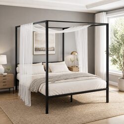Contemporary Black Steel Queen Bed Frame with Canopy