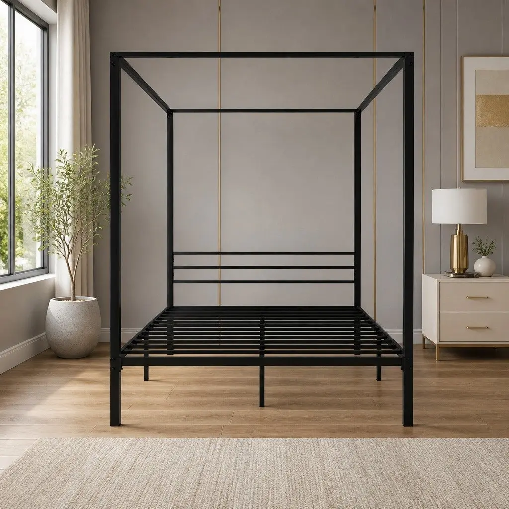 Black Steel Queen Bed Frame with Canopy