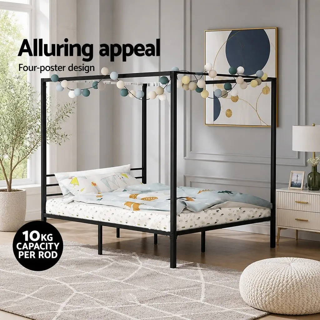 Black Steel Queen Bed Frame with Canopy