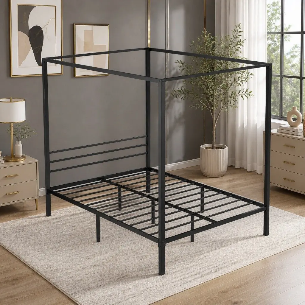 Black Steel Queen Bed Frame with Canopy