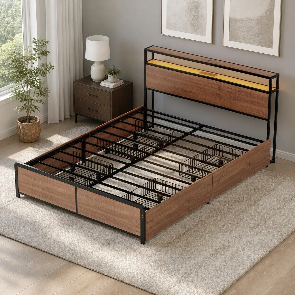 Double Bed Frame Metal Black LED Headboard USB Charging 4 Storage Drawers
