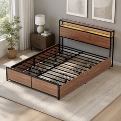 Black Double Metal Bed Frame with 2-Tier Headboard