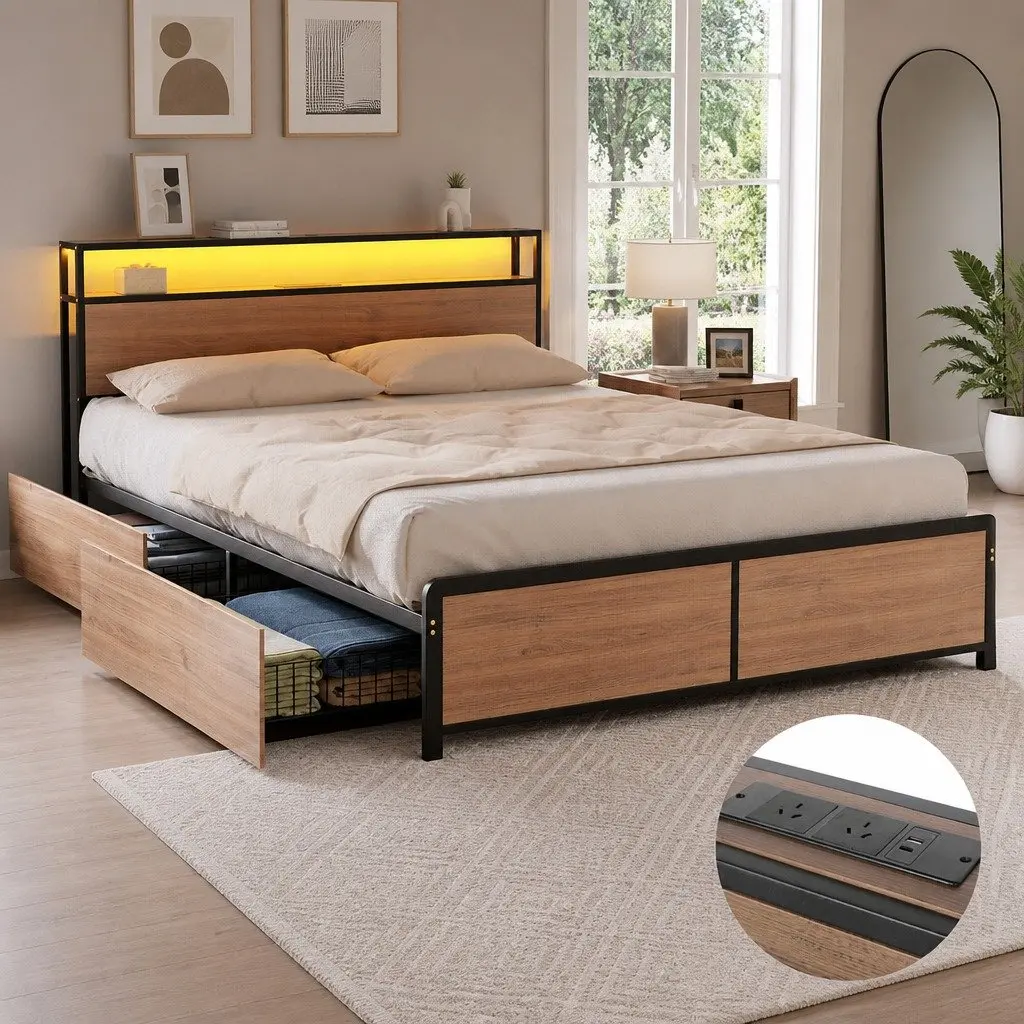 Double Bed Frame Metal Black LED Headboard USB Charging 4 Storage Drawers