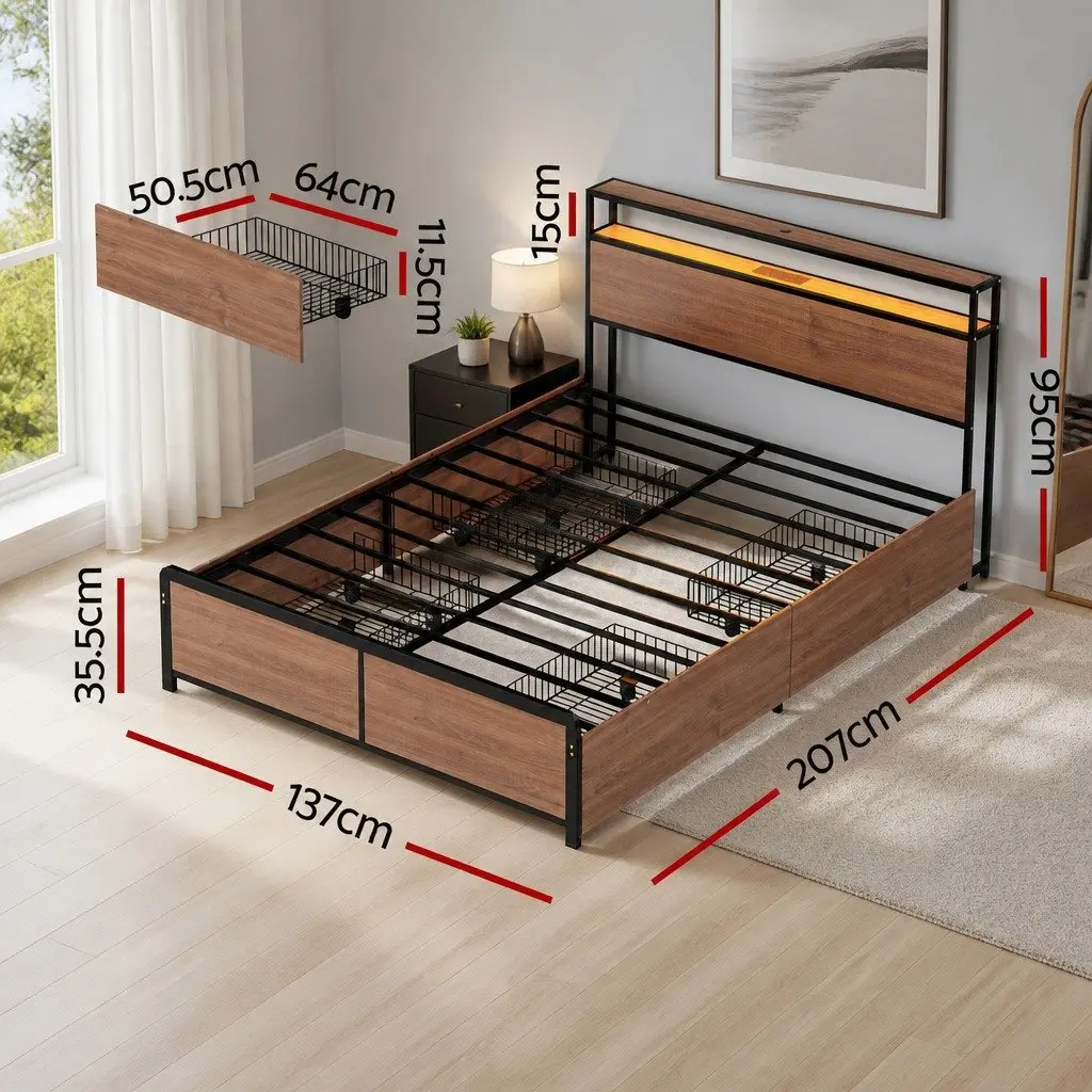 Double Bed Frame Metal Black LED Headboard USB Charging 4 Storage Drawers