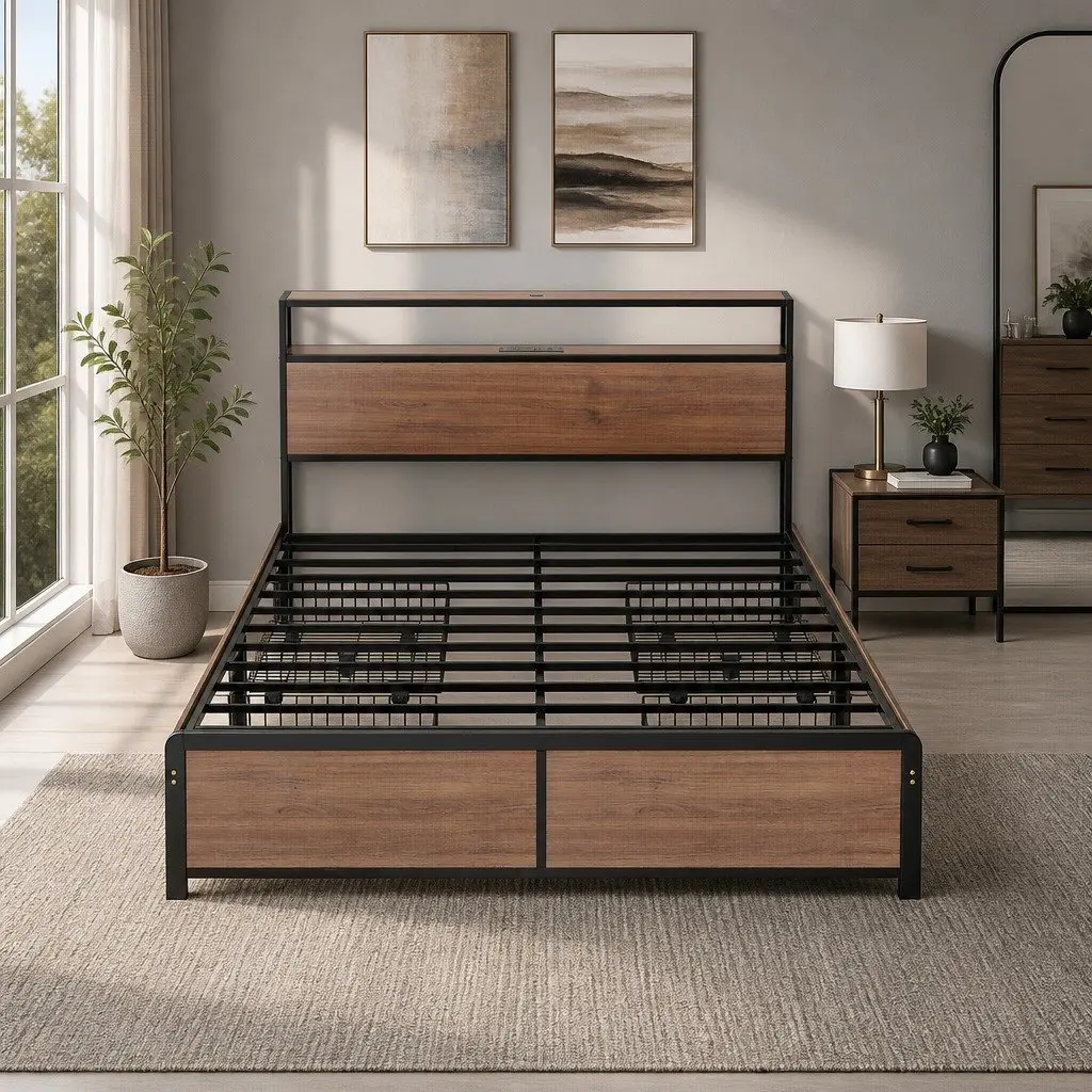 Double Bed Frame Metal Black LED Headboard USB Charging 4 Storage Drawers