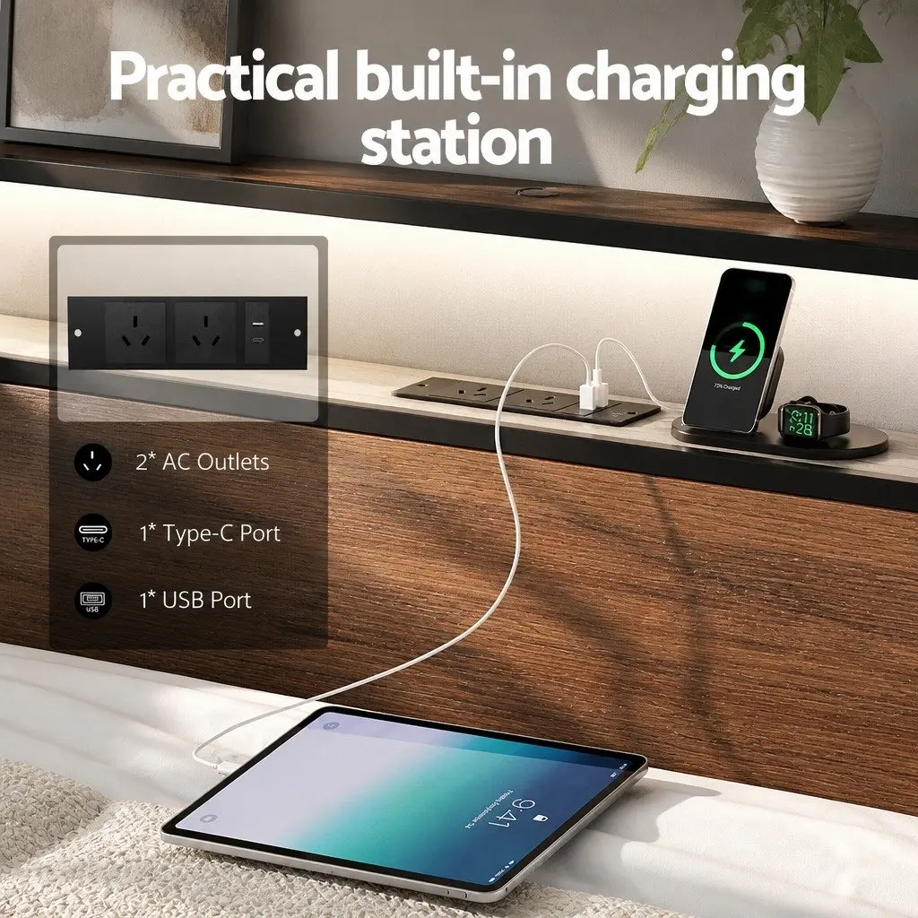 Double Bed Frame Metal Black LED Headboard USB Charging 4 Storage Drawers