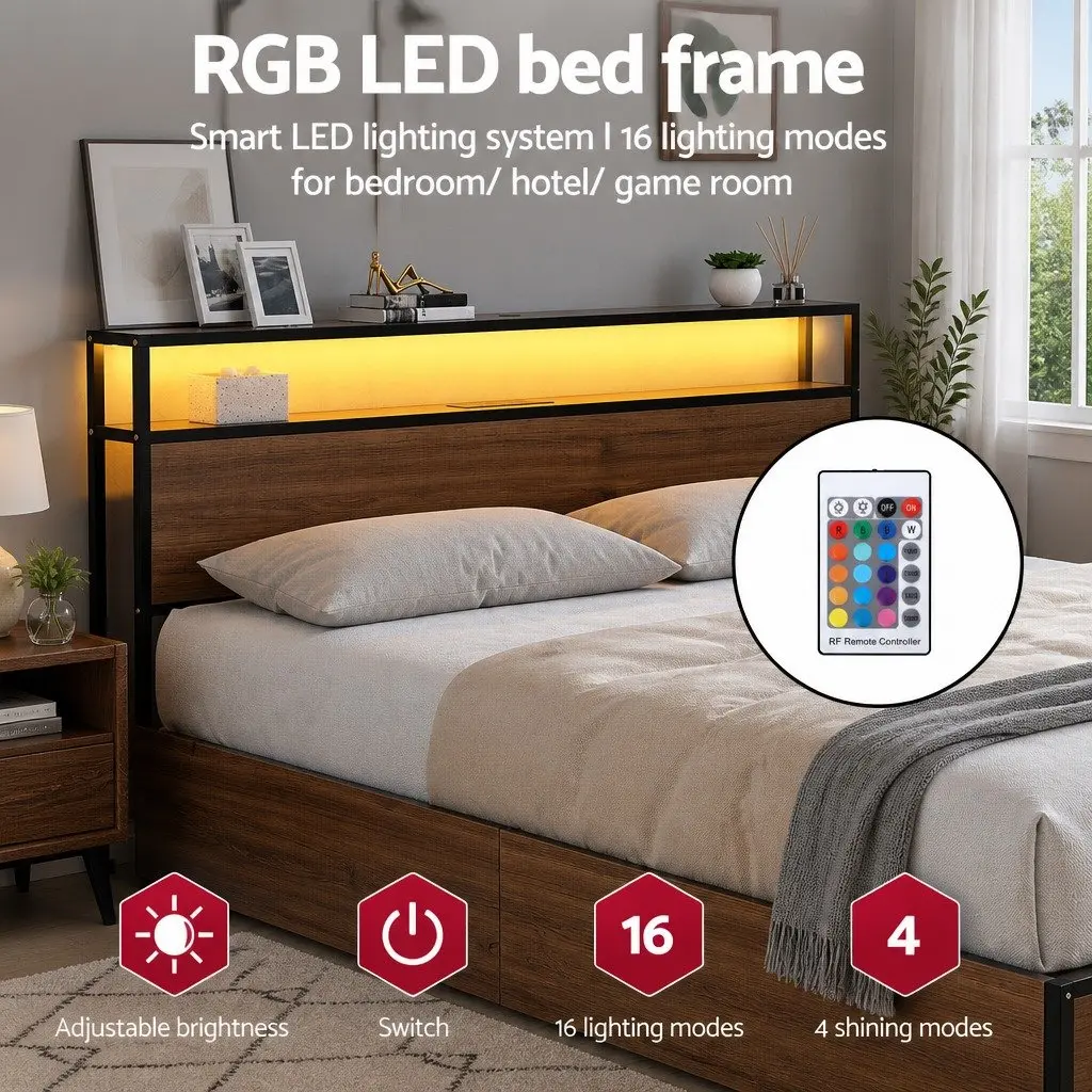 Double Bed Frame Metal Black LED Headboard USB Charging 4 Storage Drawers