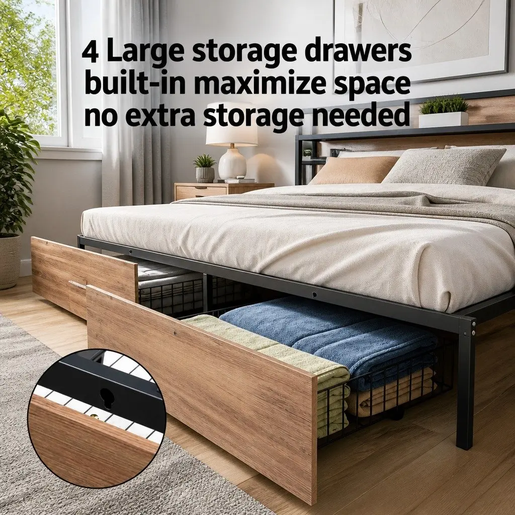 Double Bed Frame Metal Black LED Headboard USB Charging 4 Storage Drawers