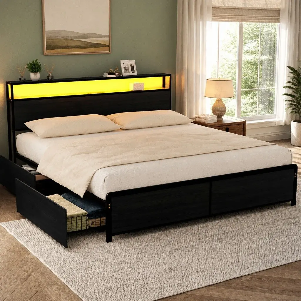 King Size Metal Bed Frame with Storage Drawers Integrated Charging Station and RGB LED Lighting