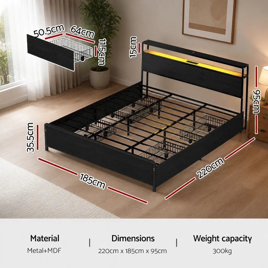 King Size Metal Bed Frame with Storage Drawers Integrated Charging Station and RGB LED Lighting