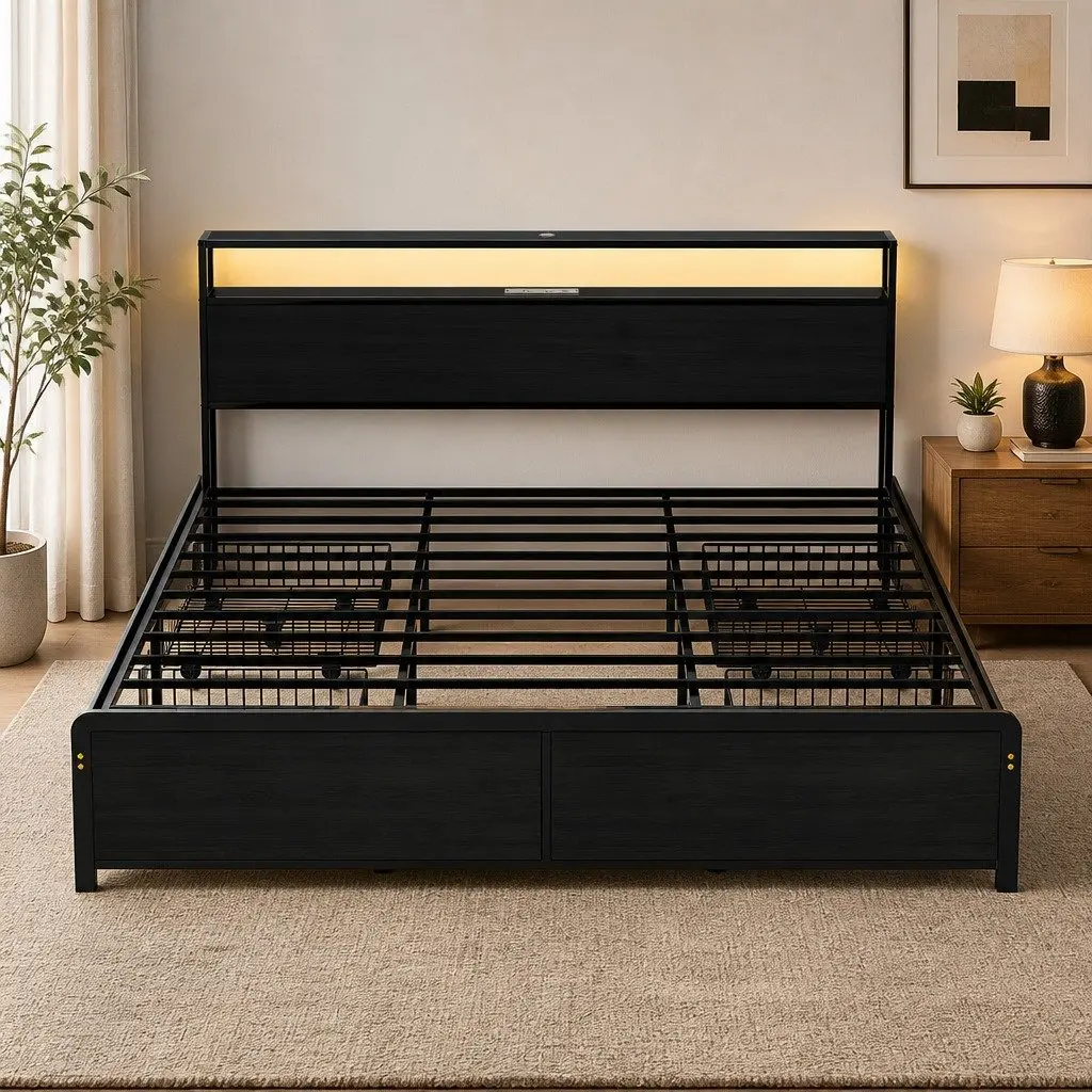 King Size Metal Bed Frame with Storage Drawers Integrated Charging Station and RGB LED Lighting