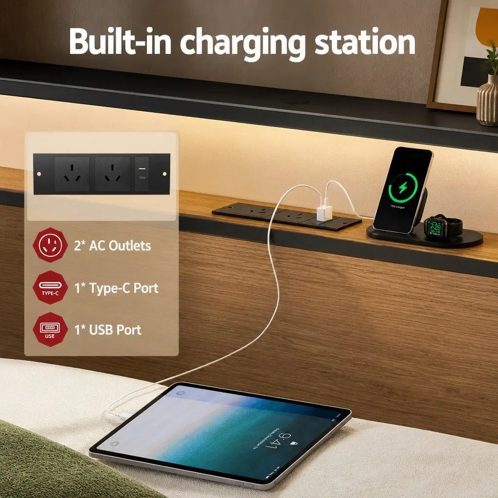 King Size Metal Bed Frame with Storage Drawers Integrated Charging Station and RGB LED Lighting