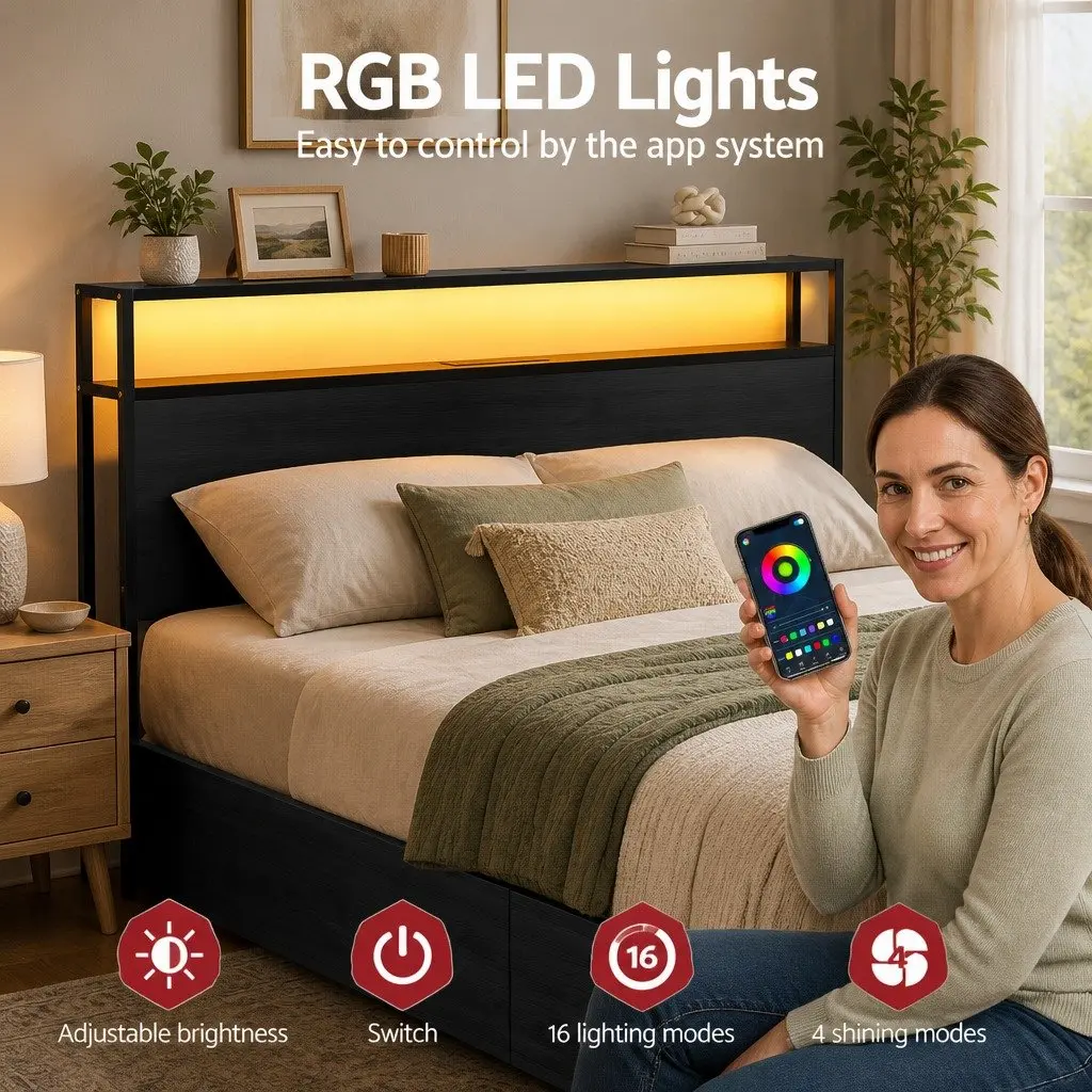King Size Metal Bed Frame with Storage Drawers Integrated Charging Station and RGB LED Lighting